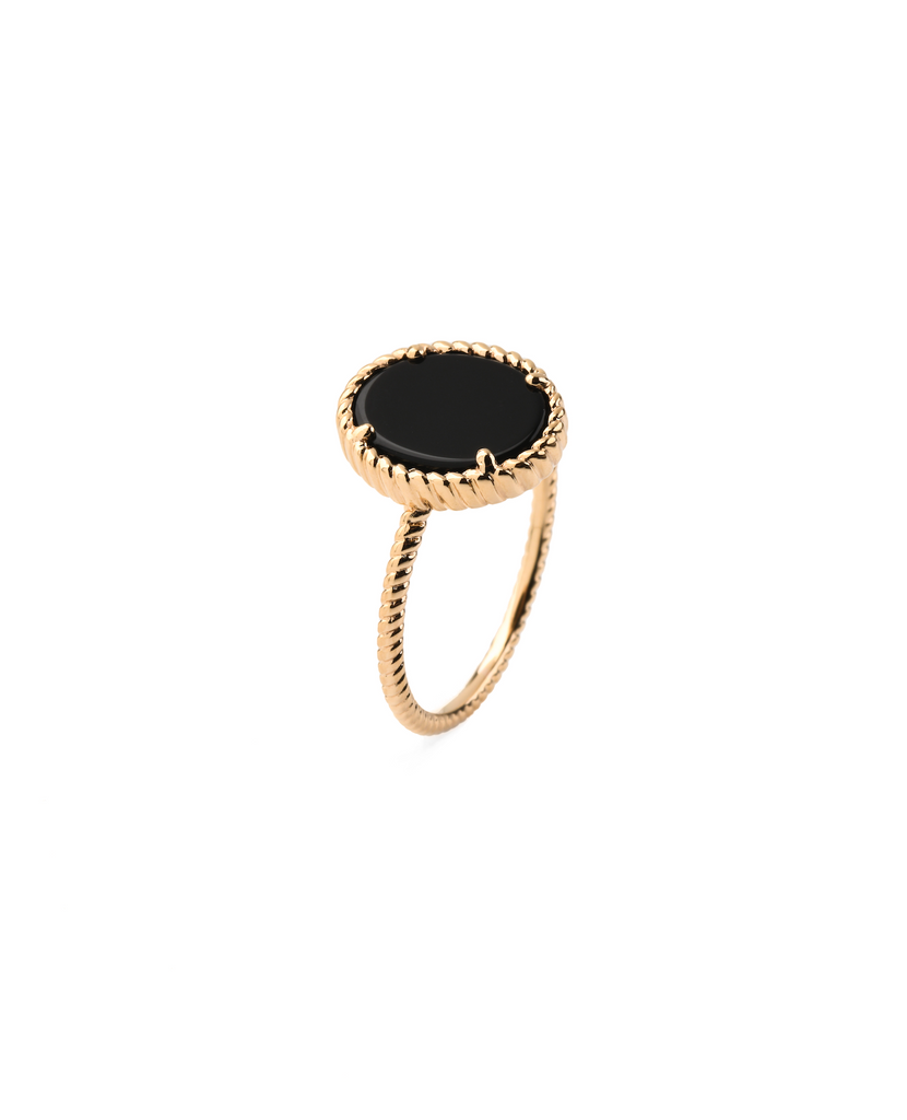 Bague plaqué or ring gold plated résistante à l’eau waterproof Agathe noire black agate texturée texturized ronde round 