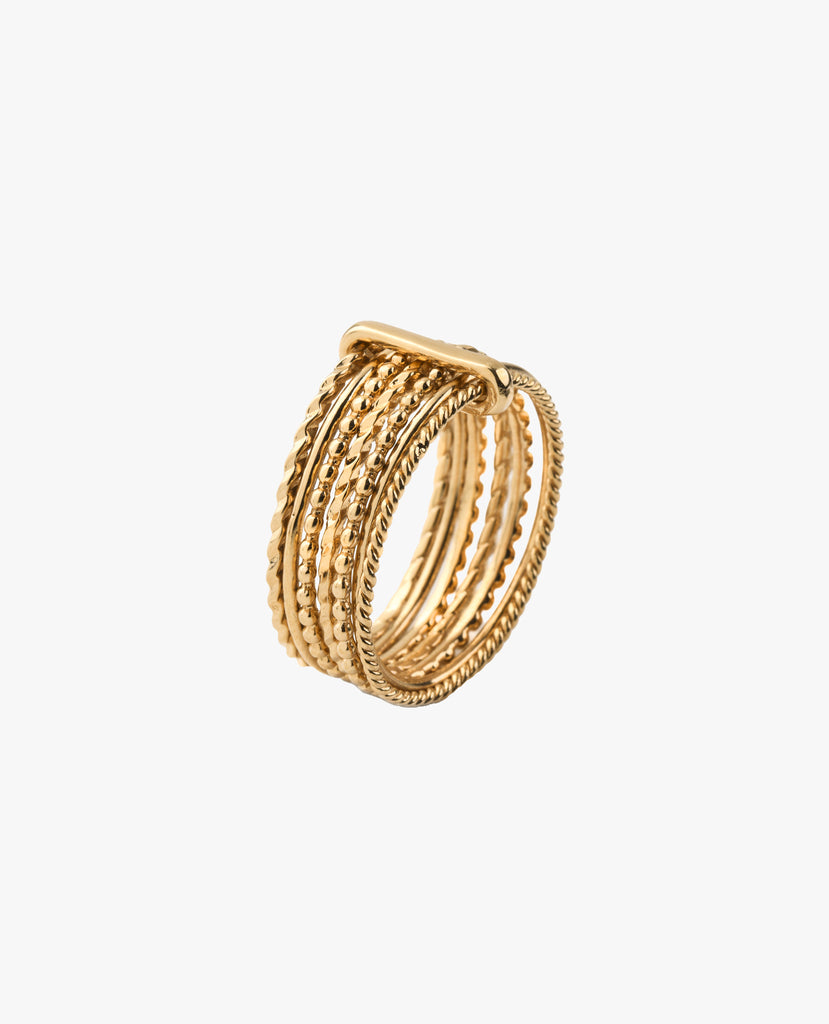 Bague plaqué or semainier sept anneaux reliés texturés résistant à l'eau Ring with seven bands texturized rings waterproof