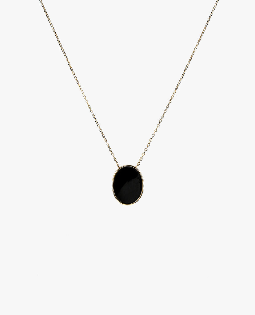 Collier en email noir oval chaine plaqué or résistant à l'eau Necklace black enamel round gold plated chain waterproof  