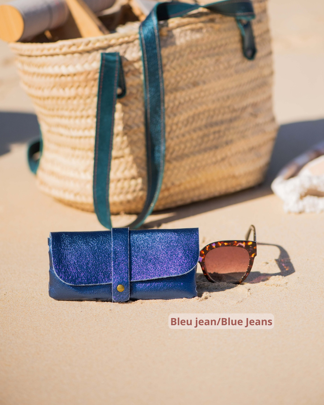 Glasses case shiny split leather Etuis à lunette en croute de cuir bleu jeans bleu jean